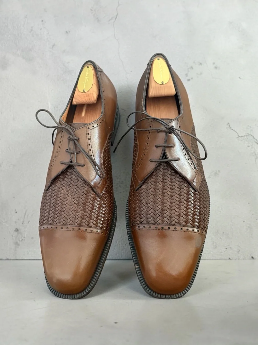 SALVATORE FERRAGAMO Cognac Woven Leather Oxford Size 13 D